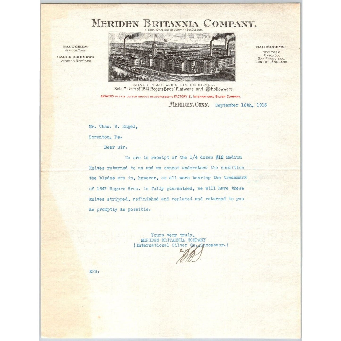 Meriden, CONN International Silver Co. Plate Sterling 1913 "Engel" Letterhead