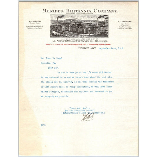 Meriden, CONN International Silver Co. Plate Sterling 1913 "Engel" Letterhead