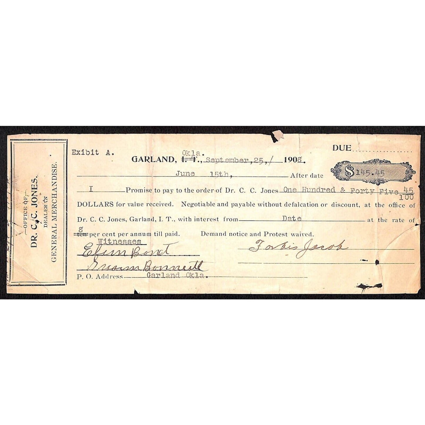 Garland, OK 1908 Indian Territory* $145.45 8% Promissory Note - Scarce