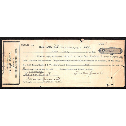 Garland, OK 1908 Indian Territory* $145.45 8% Promissory Note - Scarce