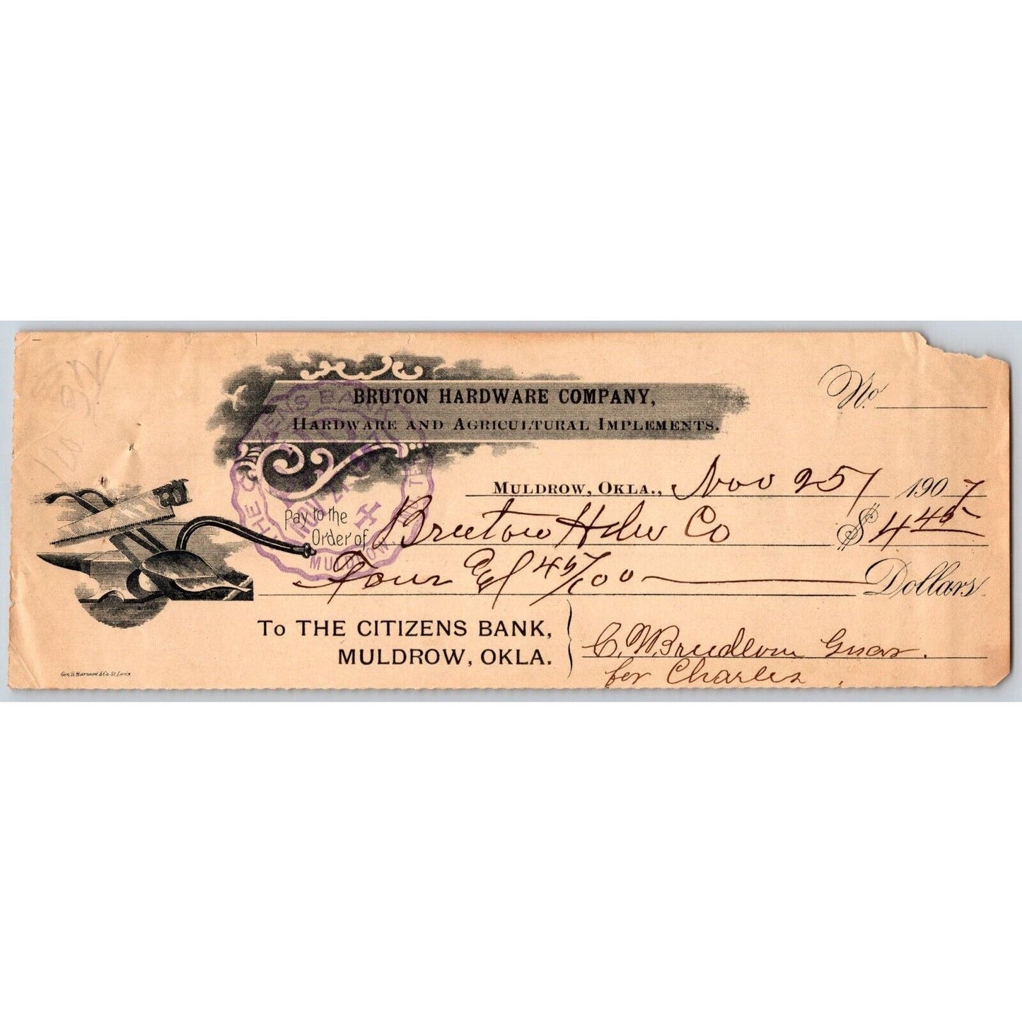 Muldrow, OK Nov. 25 1907 Bruton Hardware Implements Bank Check Scarce