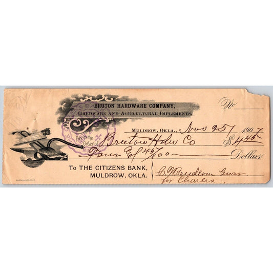 Muldrow, OK Nov. 25 1907 Bruton Hardware Implements Bank Check Scarce