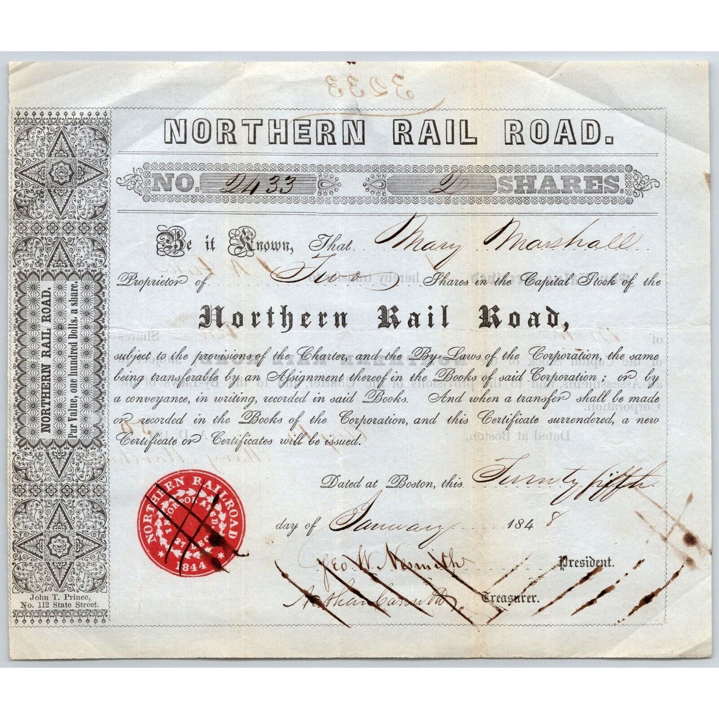 1848 Boston, MA Northern Railroad Stock Certificate No. 2433 for 2 Shares