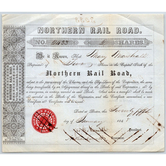 1848 Boston, MA Northern Railroad Stock Certificate No. 2433 for 2 Shares