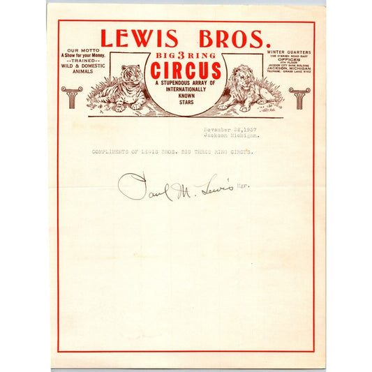 Lewis Bros. Circus Letterhead c1937 Jackson, MI "A Show for Your Money"