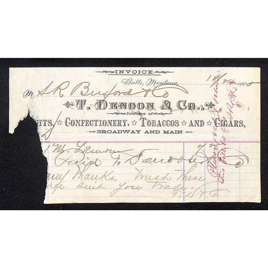 Butte, MT T. Dendon? & Co. Confectionery Tobaccos Cigars 1885 Buford* Billhead