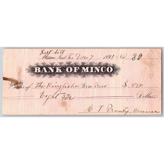 Minco / Fort Sill Indian Territory Oklahoma 1891 Bank Minco Check Very Scarce