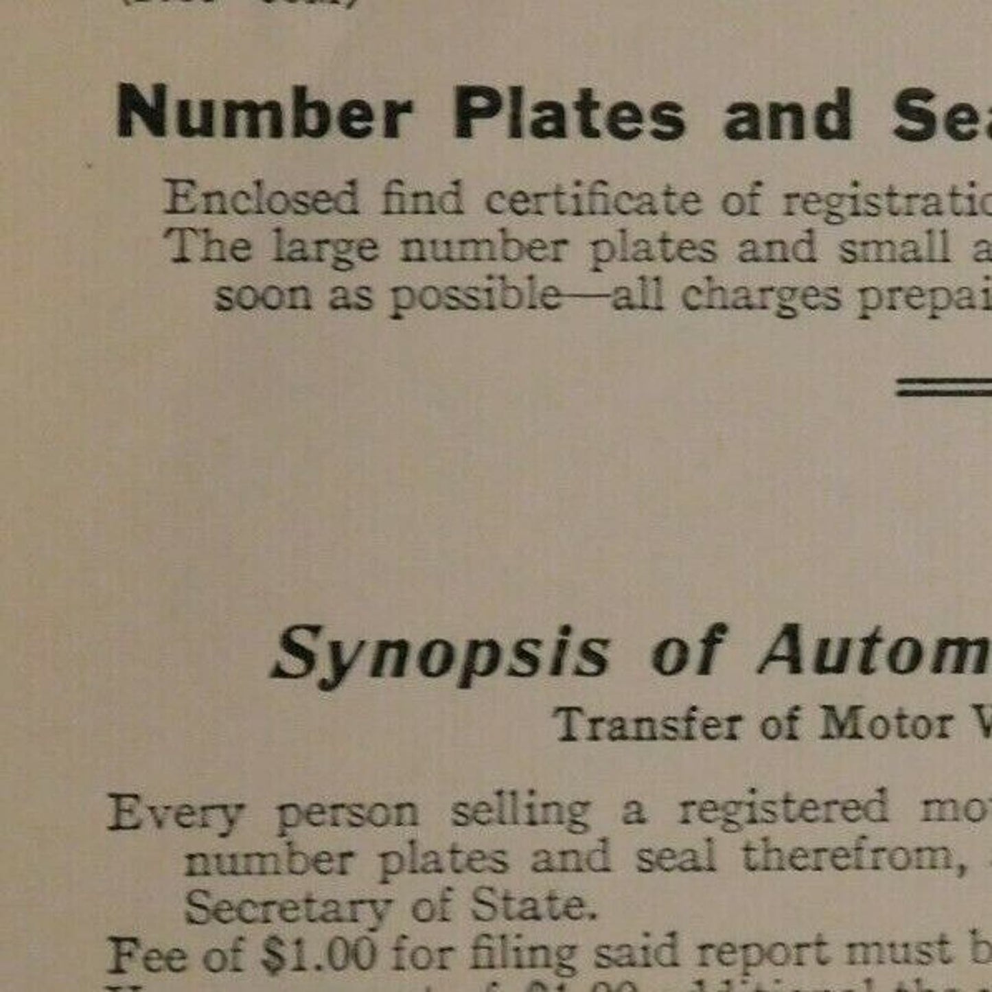 c1944 Section 7 Card Motor Vehicle Transfer "Synopsis of Automobile Law