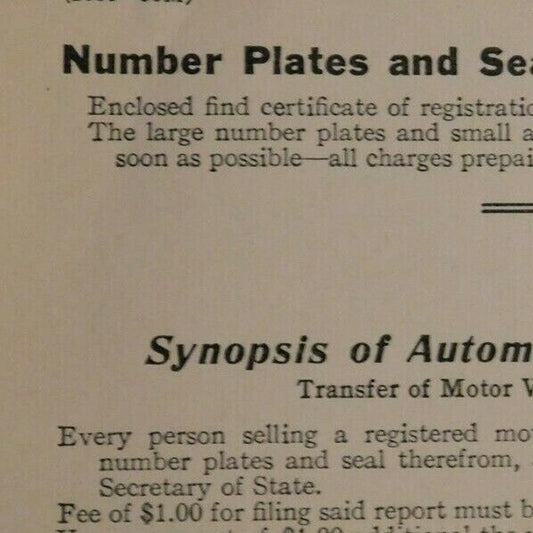 c1944 Section 7 Card Motor Vehicle Transfer "Synopsis of Automobile Law