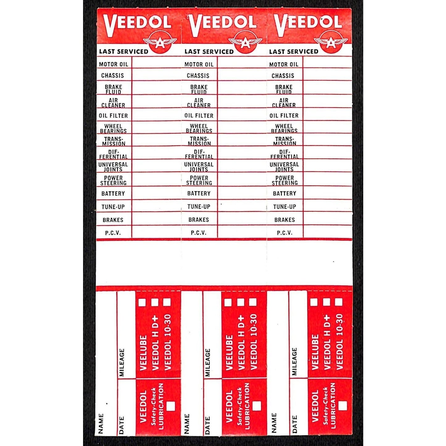 Flying A Veedol Service / Oil Change Door Jam Auto Sticker Sheet of 3 c1967 (#1)