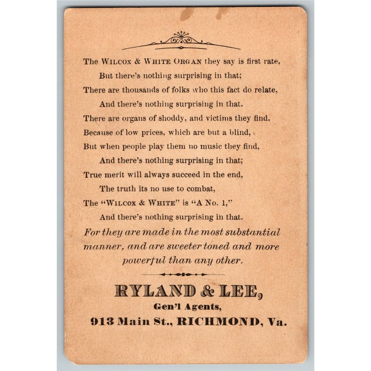 Wilcox & White Organ Ryland & Lee, Richmond, VA - Victorian Trade Card