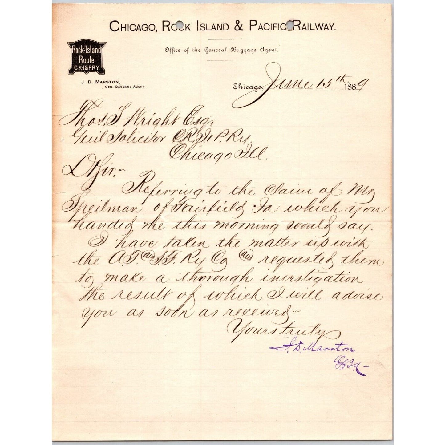 Chicago, Rock Island and Pacific Railway 1889 ALS Baggage Agent Letterhead