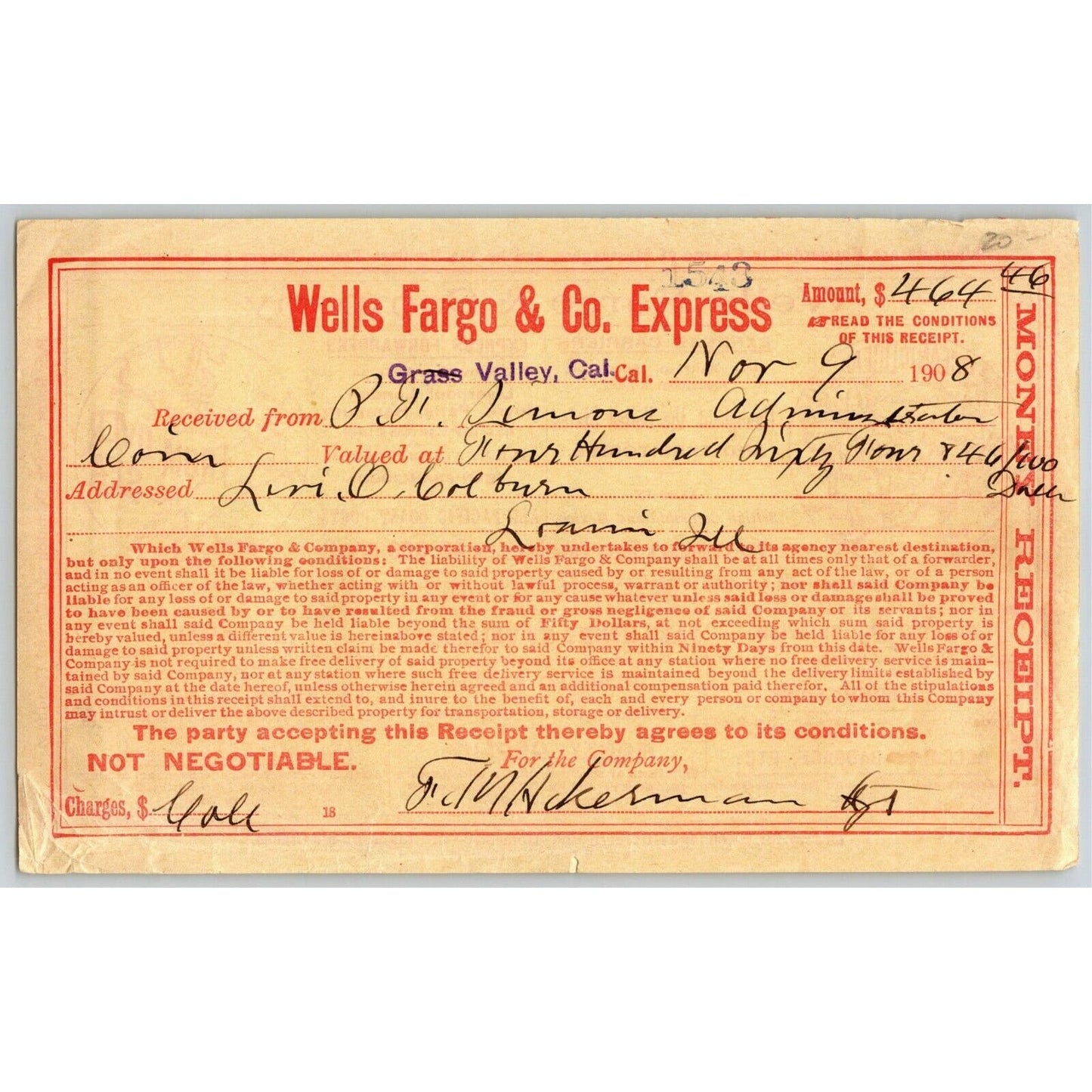 1908 Wells Fargo & Co Express - Grass Valley CA - $86.80 Money Receipt
