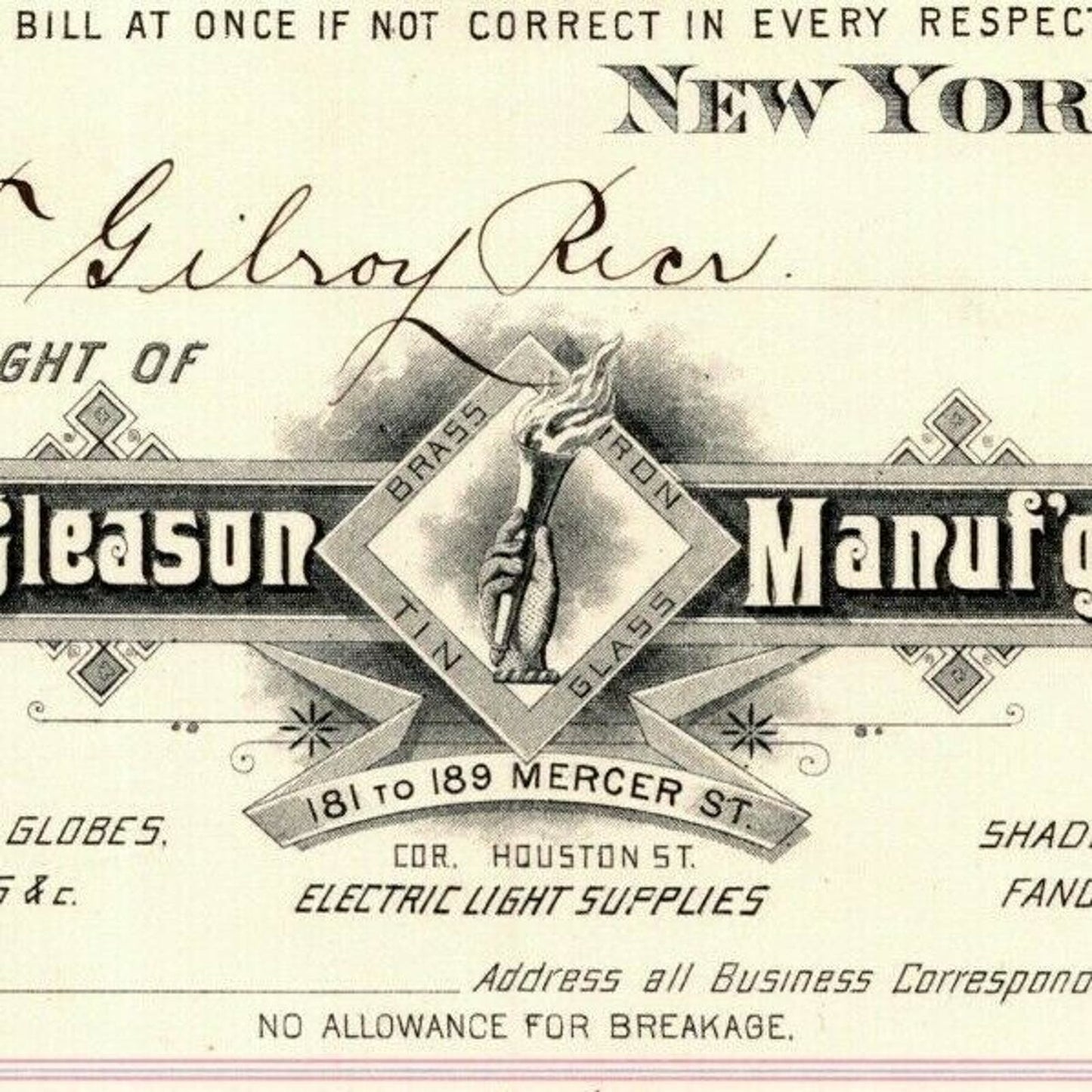 1888 E. P. Gleason Chimneys Lanterns Globes Billhead Letterhead Mercer St. NYC