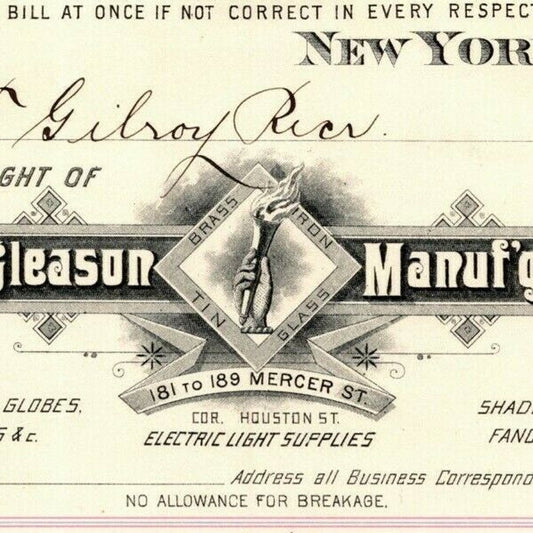 1888 E. P. Gleason Chimneys Lanterns Globes Billhead Letterhead Mercer St. NYC