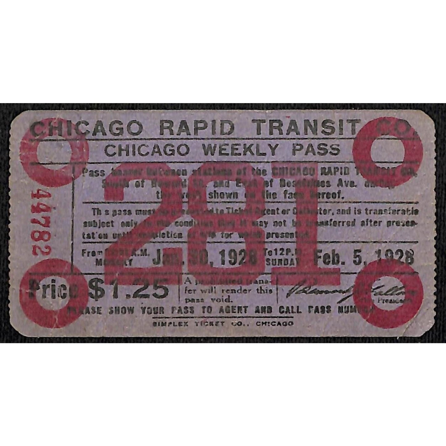 1928 Chicago Rapid Transit Jan / Feb Weekly Pass / Ticket "281"