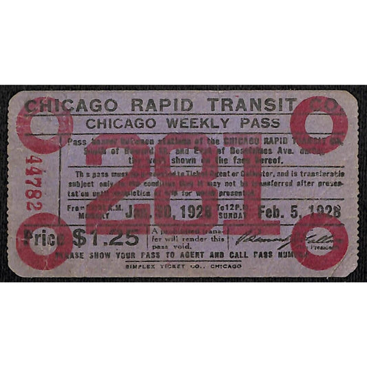 1928 Chicago Rapid Transit Jan / Feb Weekly Pass / Ticket "281"