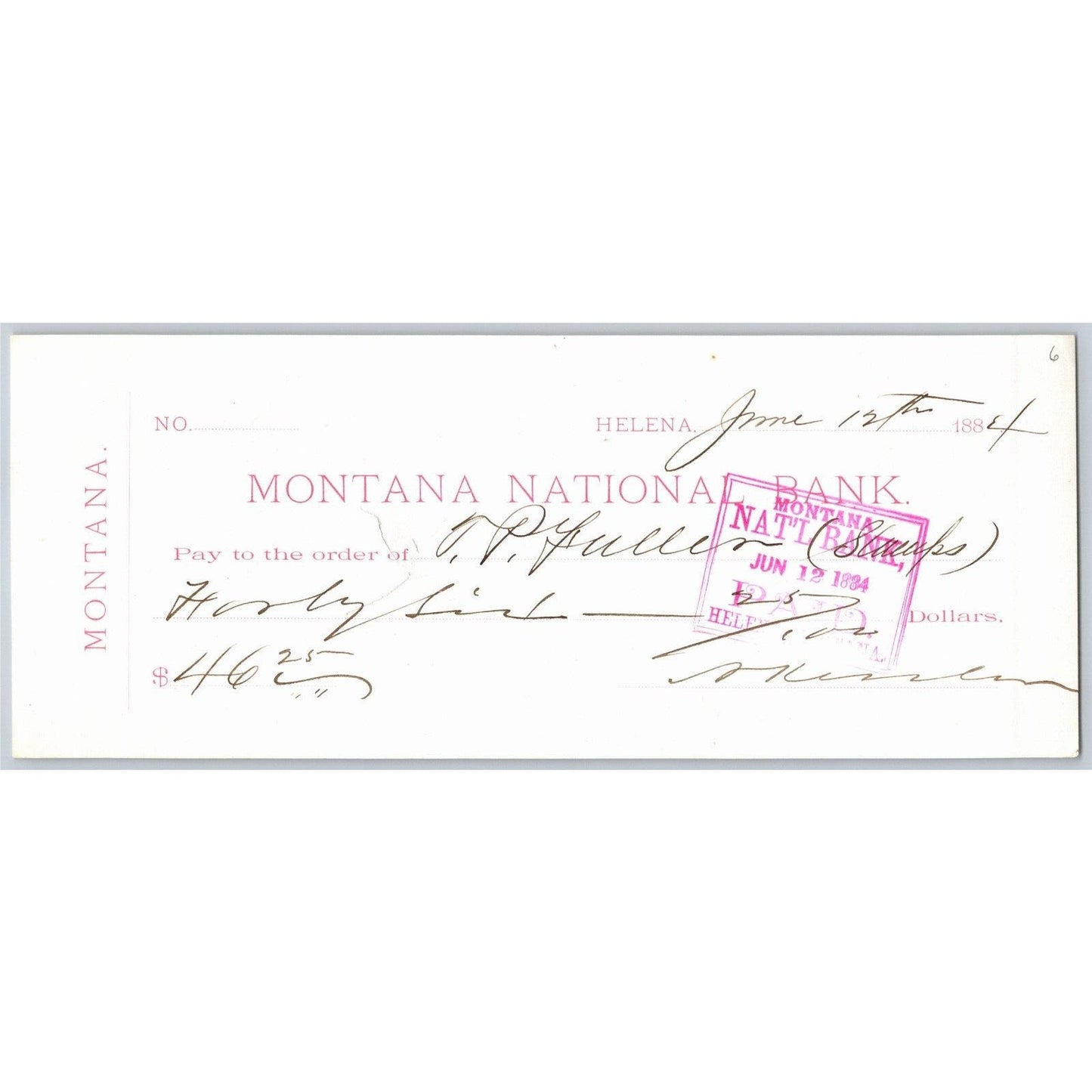Helena Montana National Bank Check 1884 T.P. Fuller