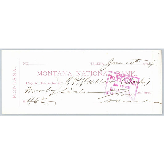 Helena Montana National Bank Check 1884 T.P. Fuller