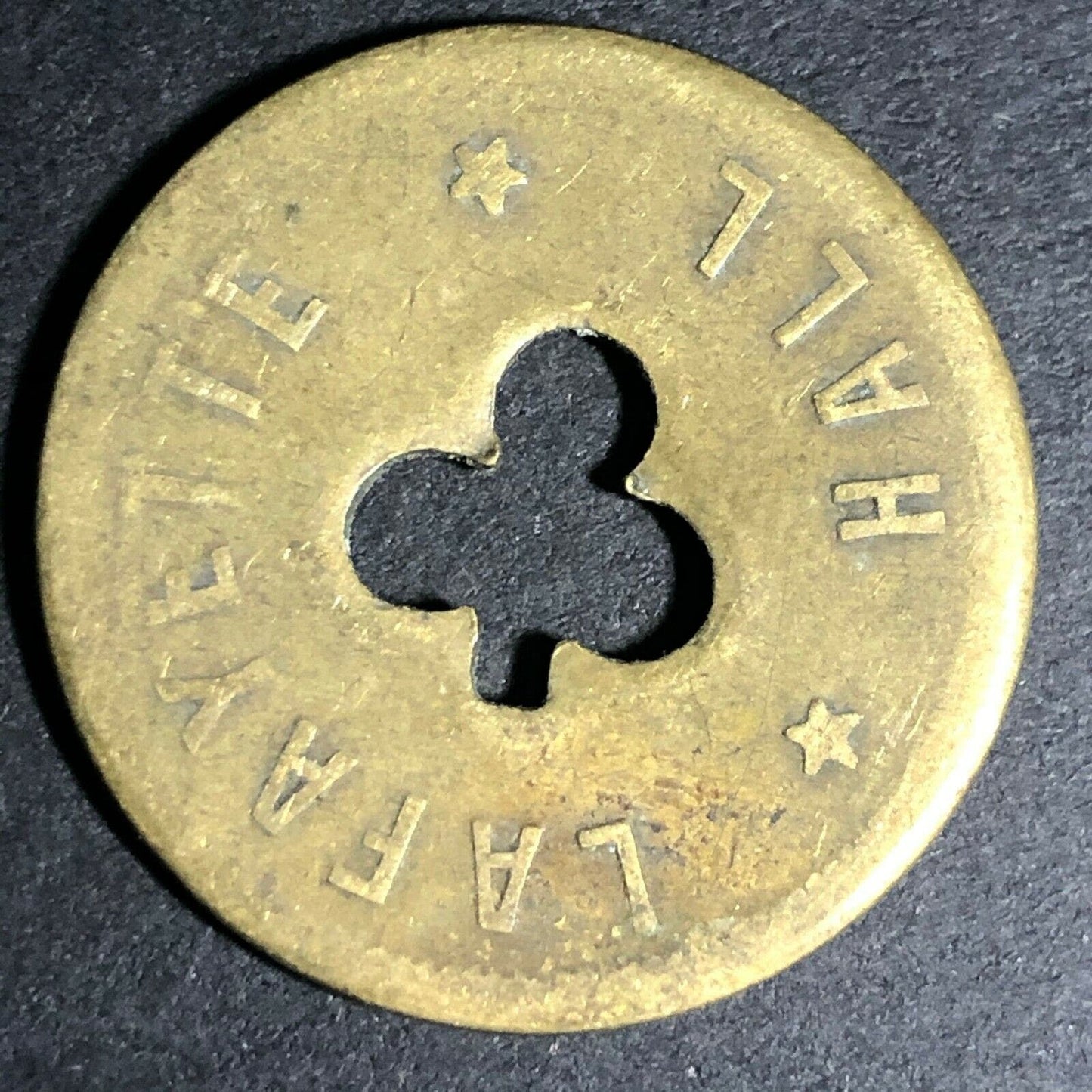 24.5mm Brass Lafayette Hall (Saloon Sacramento, CA) Token Clover Shamrock (#7)