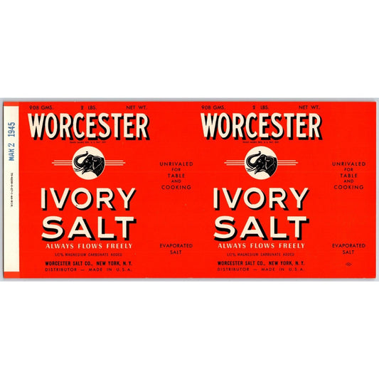 Worcester Ivory Salt Paper Label New York, NY 1945 w/ Elephant Scarce