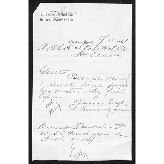 Elliston, MT Burns & Beckstead (Jones) Gen Mdse 1891 Billhead Letterhead
