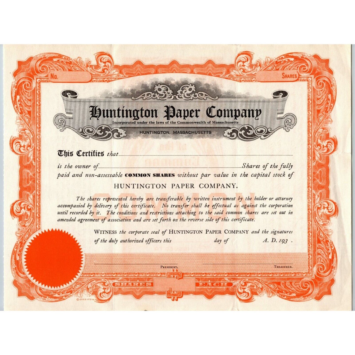 Vintage c1930's Stock Certificate "Huntington Paper Company" MASS