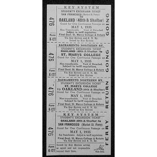 1935 Key System Railroad Student's Excursion Ticket Strip SF Oakland St. Mary's