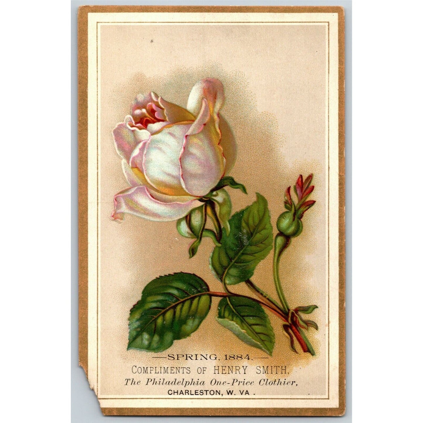 1884 Henry Smith, Clothier, Charleston, W. VA. Large Victorian Trade Card