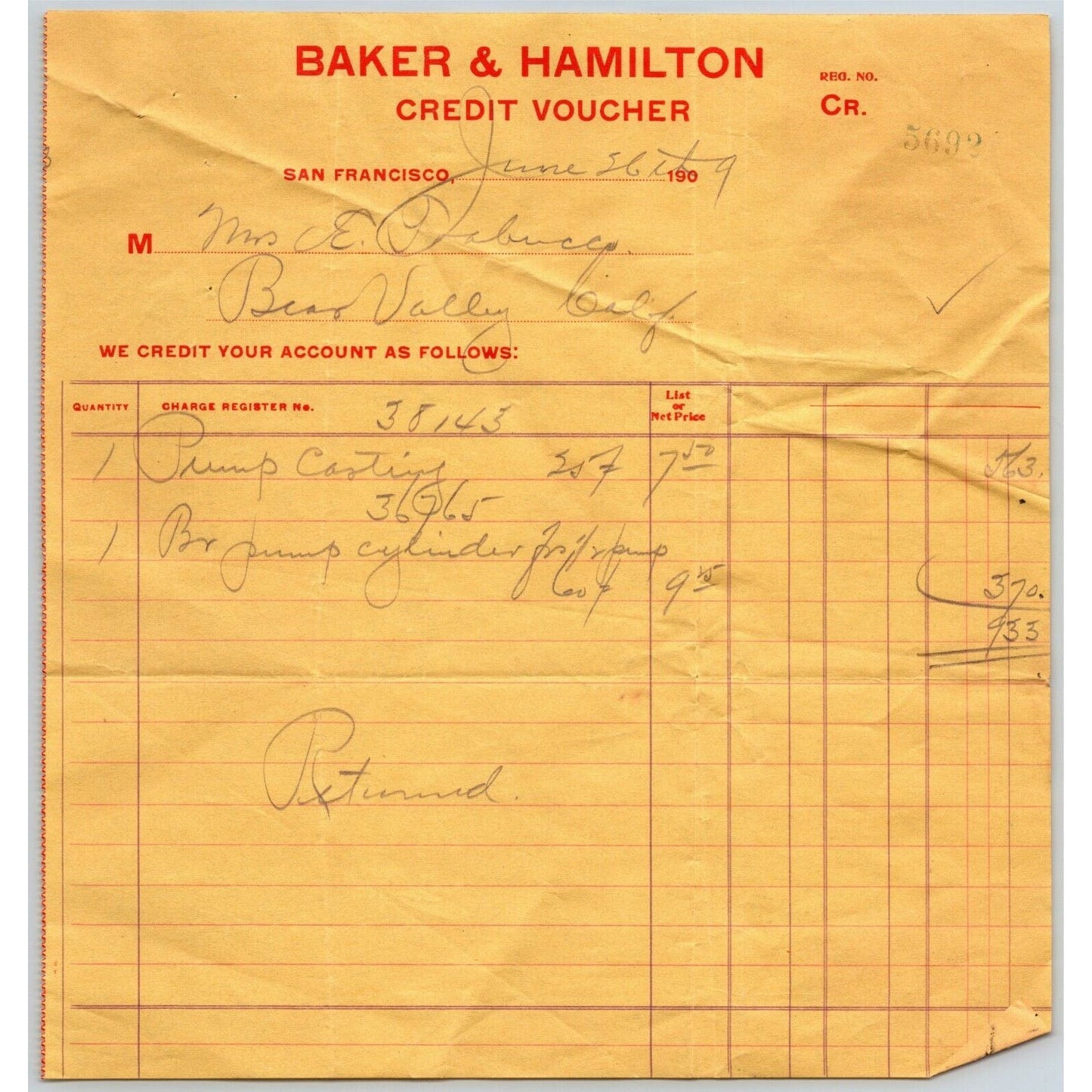 1909 Baker & Hamilton Credit Voucher San Francisco