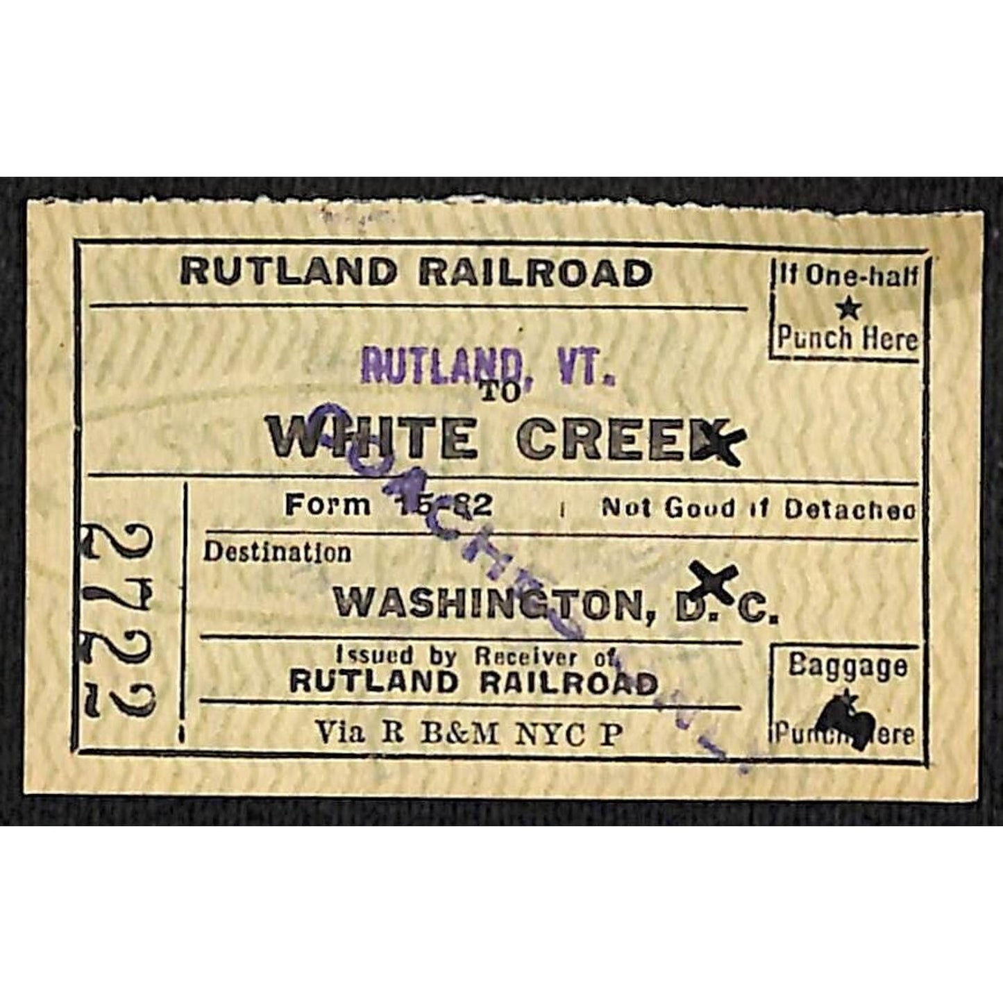1953 Rutland Railroad Ticket to White Creek Washington, DC #2722