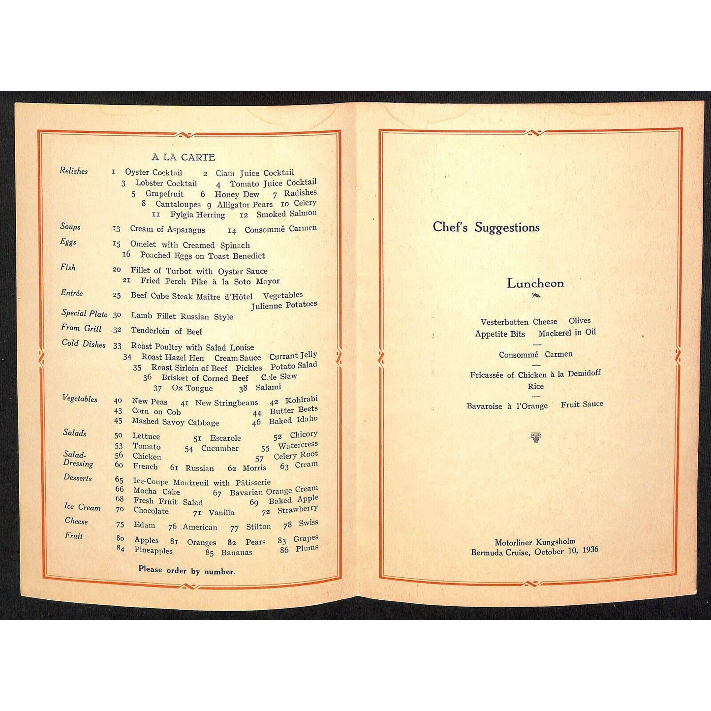 1936 Swedish American Kungsholm Bermuda Cruise Line Luncheon Menu Oct 10 VGC