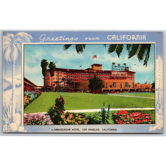 Greetings From California Ambassador Hotel Linen Postcard PM 1947 VGC