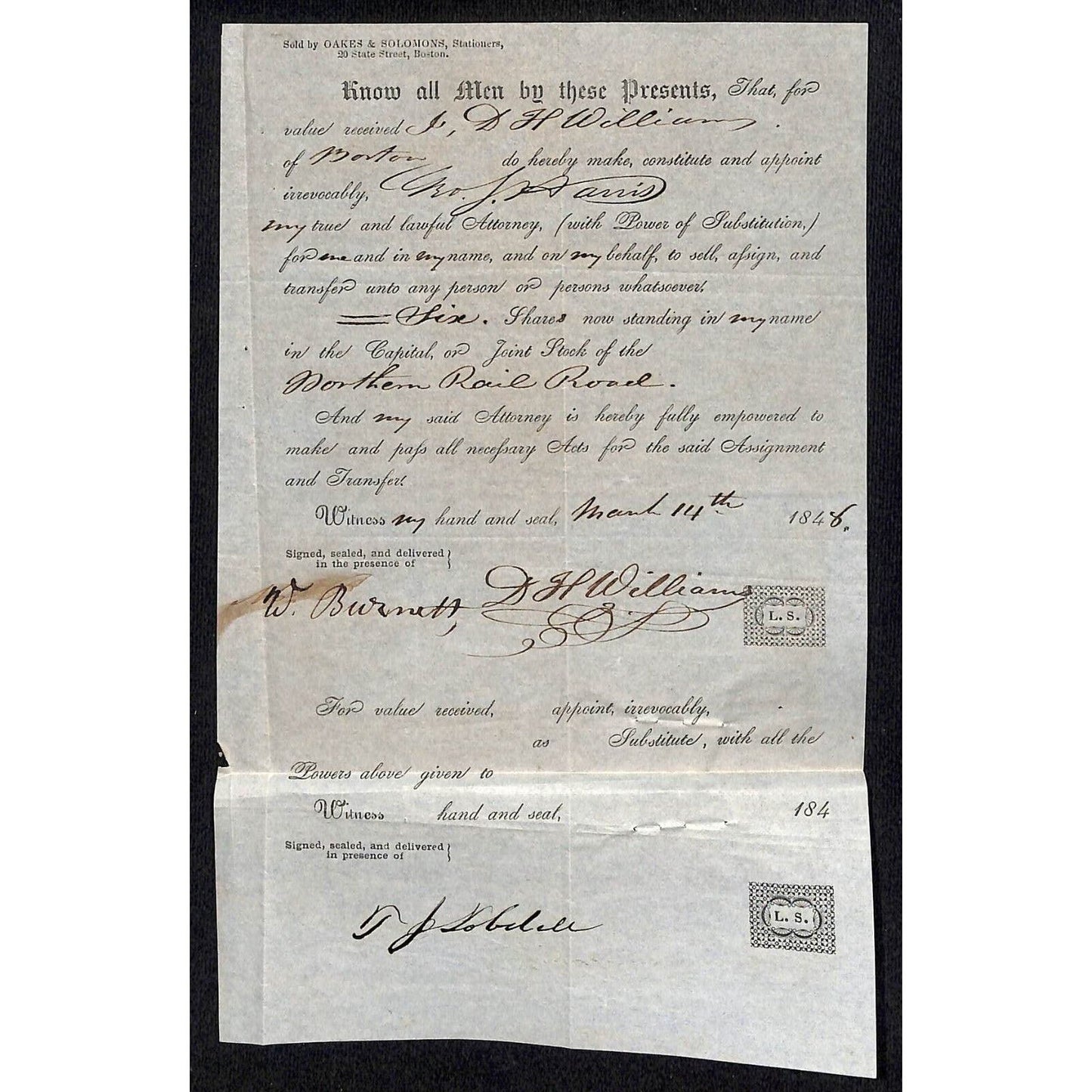 1846 Power of Attorney Document re: Northern Railroad Stock H.P. Williams