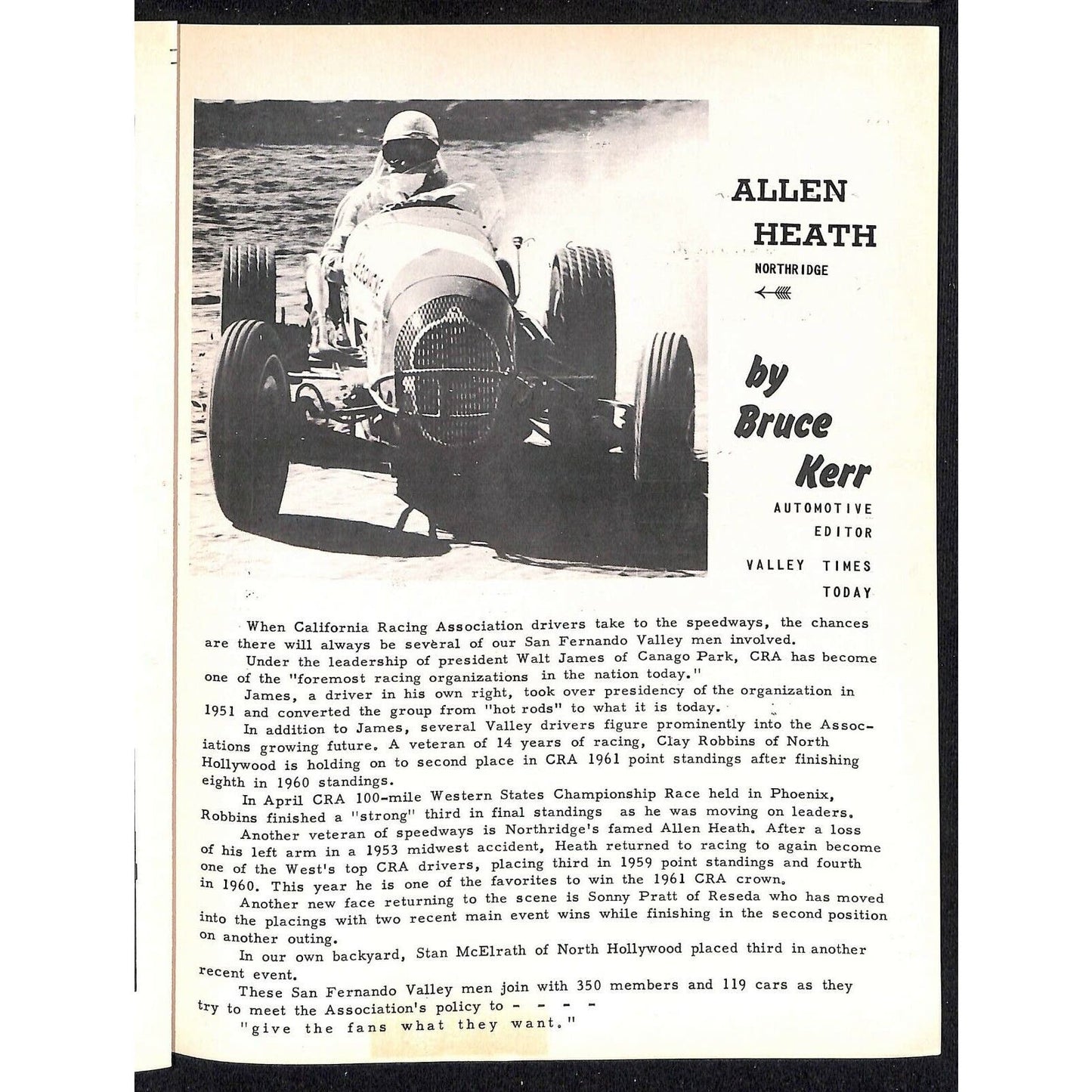 Scarce June 24 1961 Auto Racing CRA Big Car Program Ascot Gardena, CA 12pp
