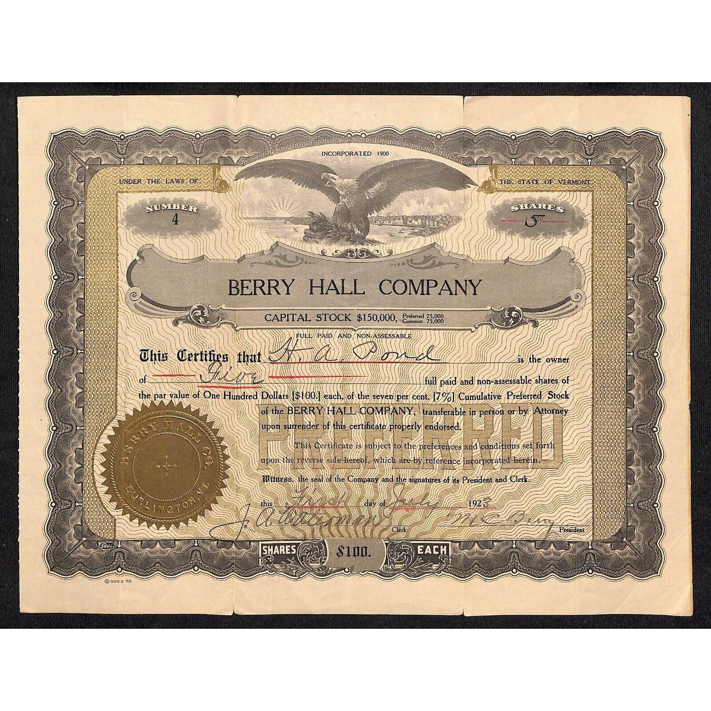 Berry Hall Company (Coffee) Vermont 1923 Stock Certificate Scarce