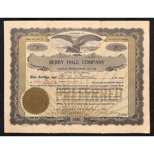 Berry Hall Company (Coffee) Vermont 1923 Stock Certificate Scarce