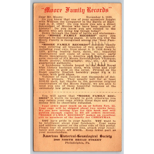 American Historical Genealogical Society Phila. Offer Reply Postcard 1929 Scarce