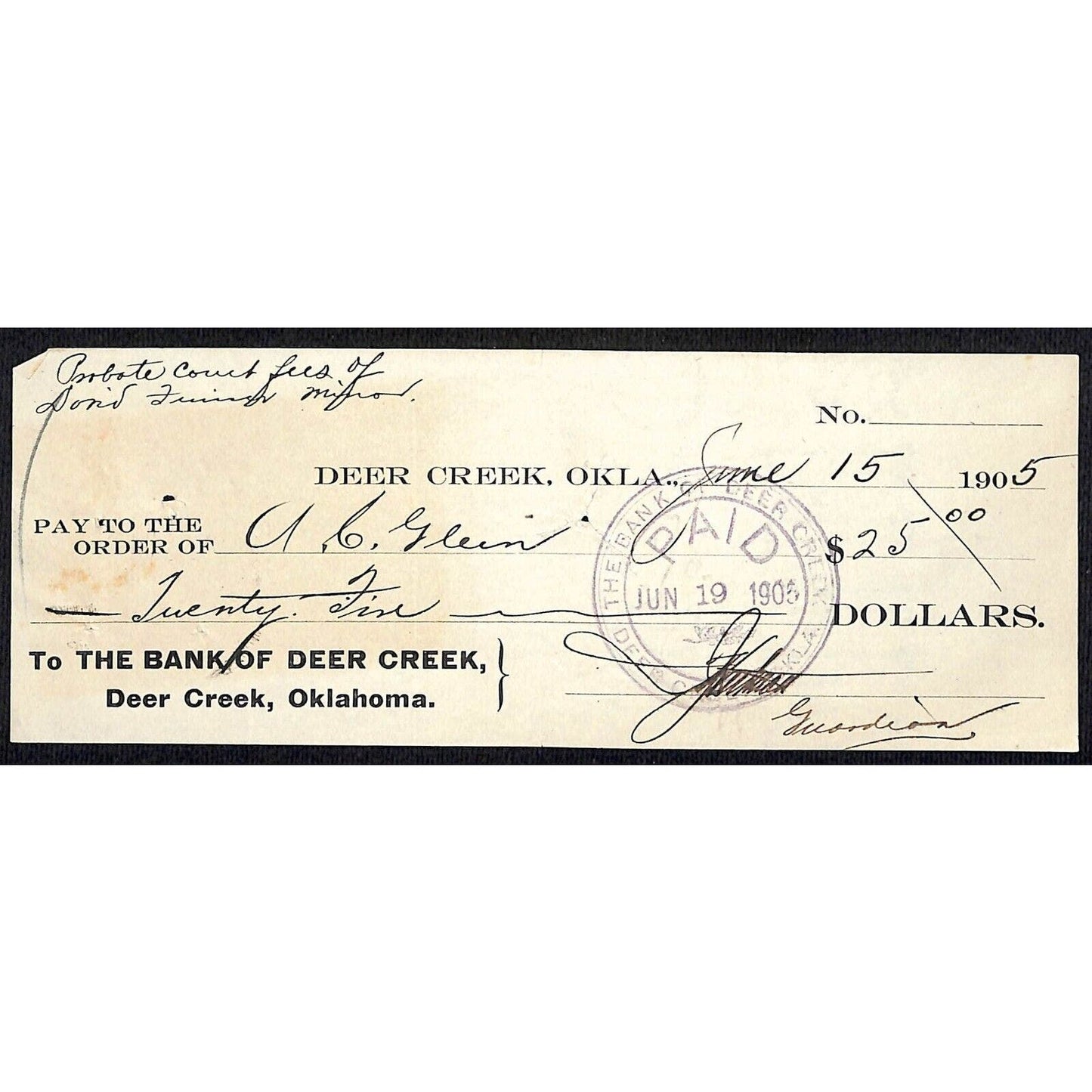 Deer Creek, OK 1905 Territorial "Bank of Deer Creek" Bank Check - Scarce
