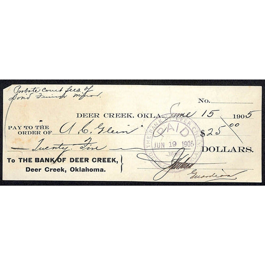 Deer Creek, OK 1905 Territorial "Bank of Deer Creek" Bank Check - Scarce
