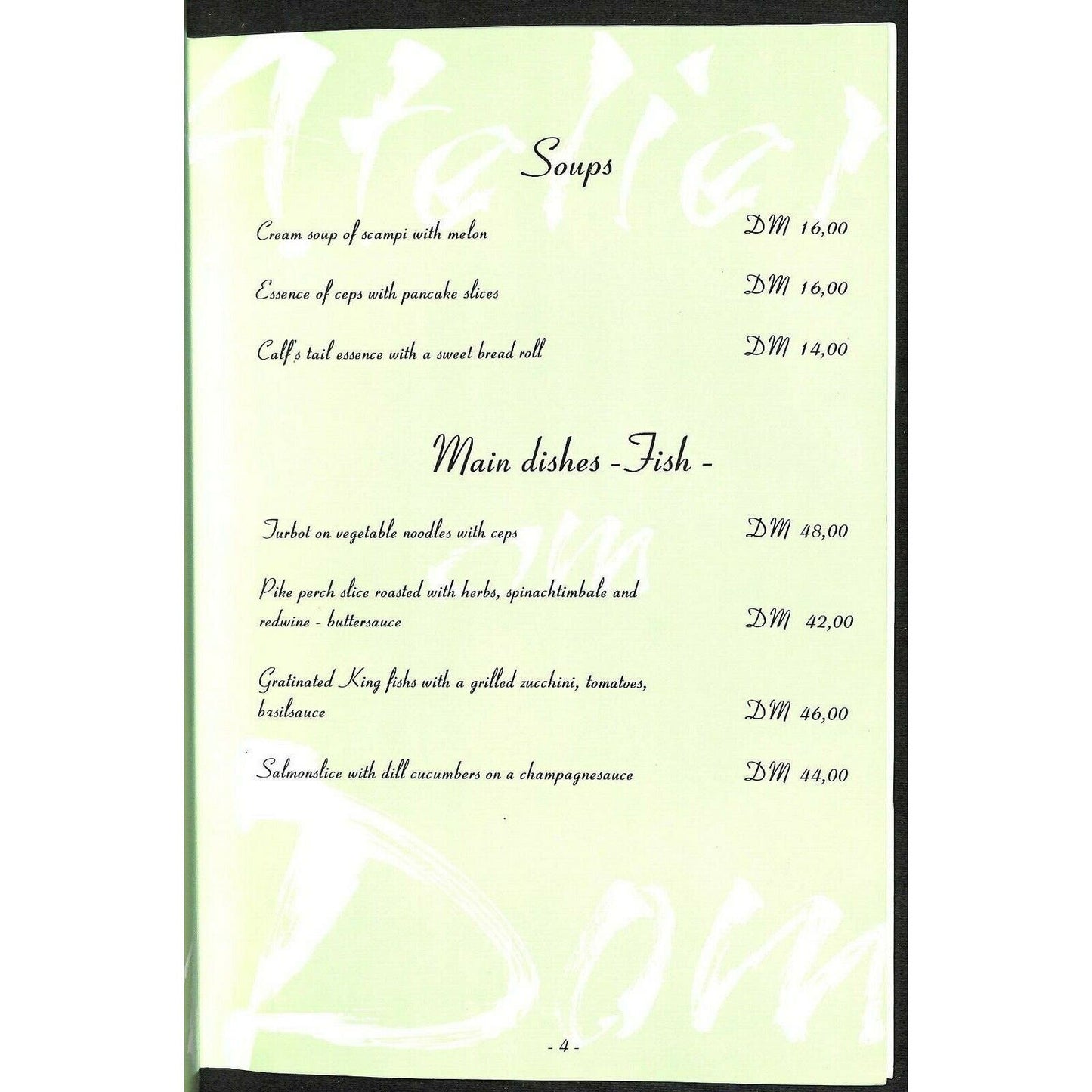 Dom-Hotel Koln-Cologne Restaurant Menu c1996 "Atelier on Dom"