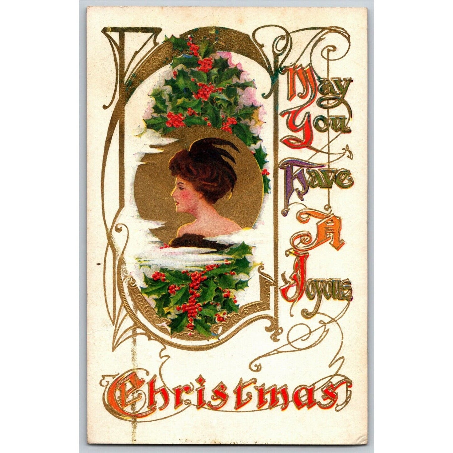 Vintage Postcard c1915 Have a Joyous Christmas Woman Gilt Holly Clouds Emboss