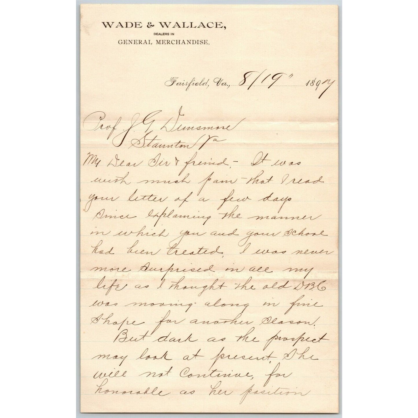 1897 2pp. Scarce Wade & Wallace General Merchandise Fairfield, VA Letterhead