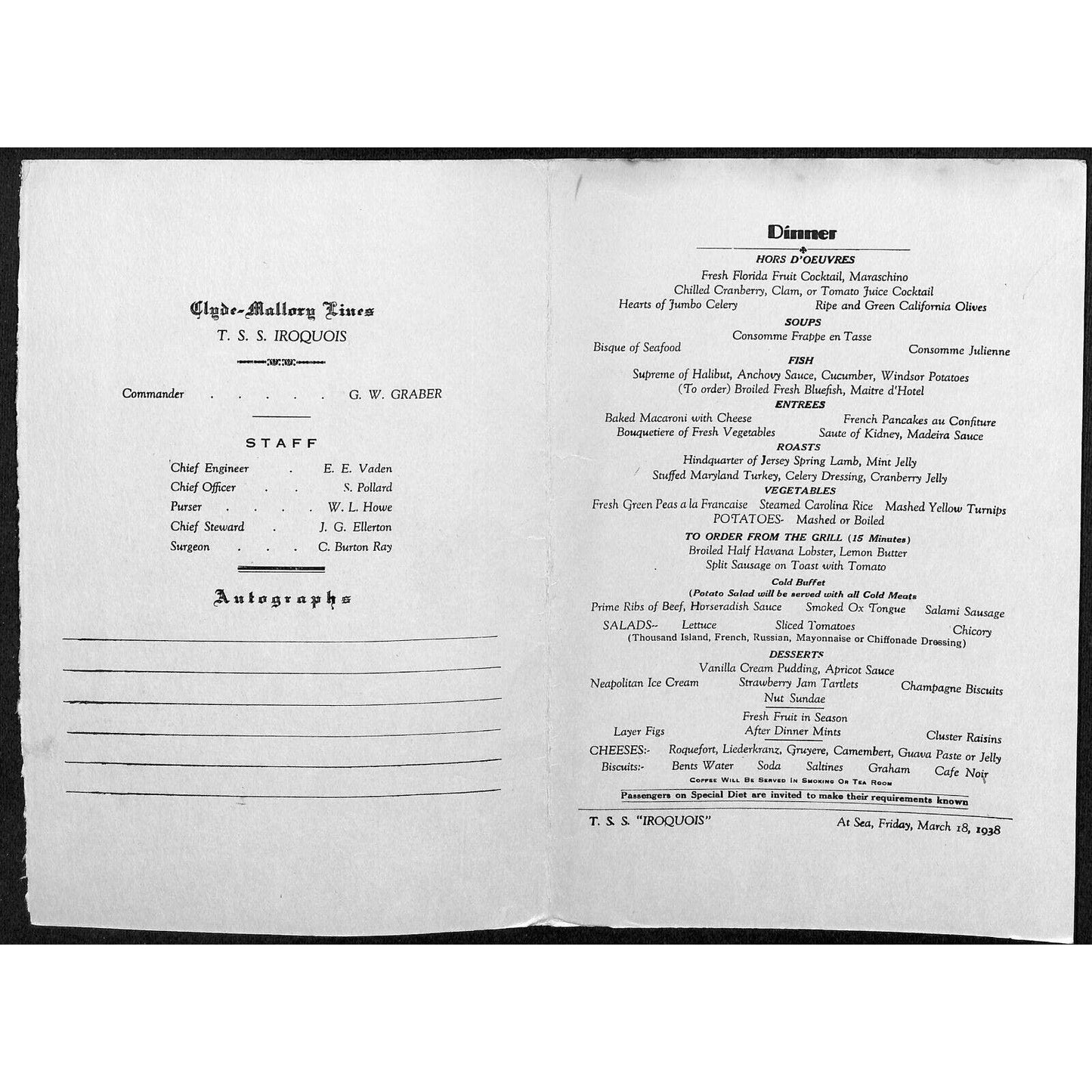 1938 Clyde-Mallory Iroquois Cruise Line Dinner Menu Mar 18