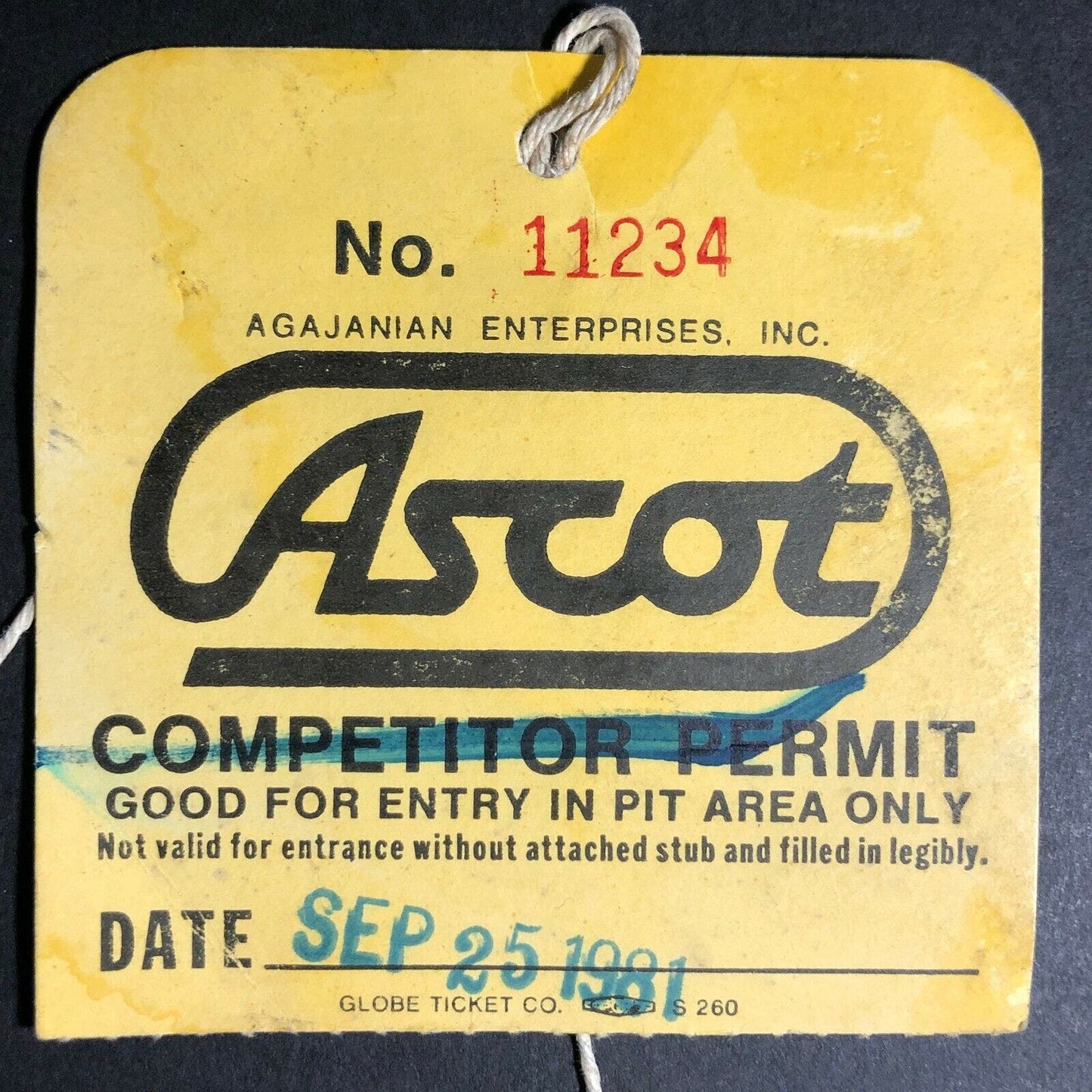 Vintage Ascot Park Racing Pit Area Competitor Permit Sept 25 1981