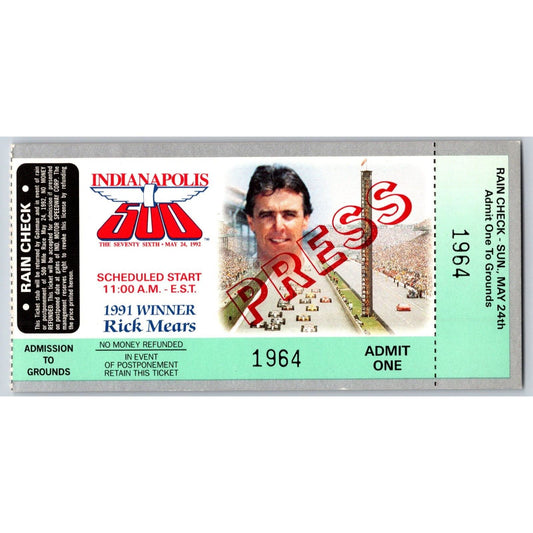 1992 Indianapolis 500 "PRESS" Ticket Stub Racing IMS Rick Mears #1964 Scarce