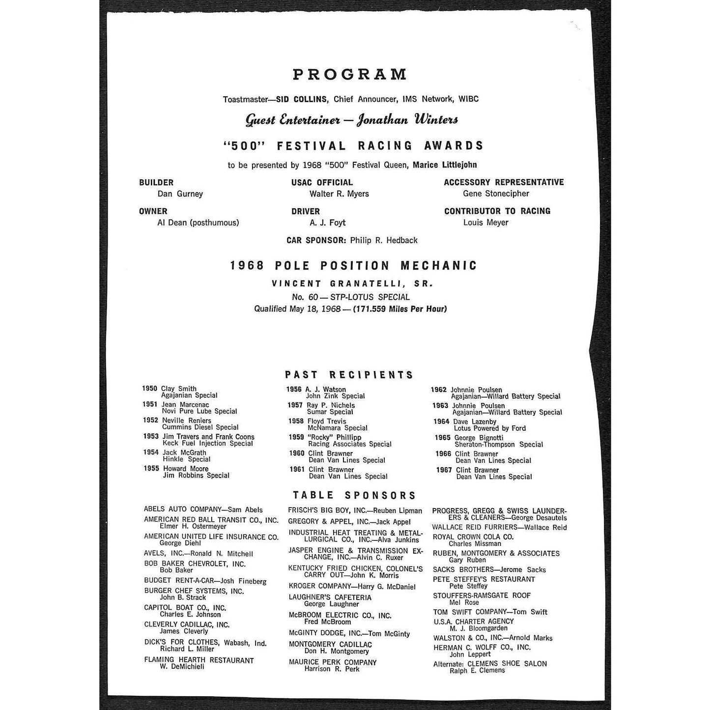 1968 Indy 500 "500 Festival" Racing Awards Mechanic's Banquet Program IMS Race
