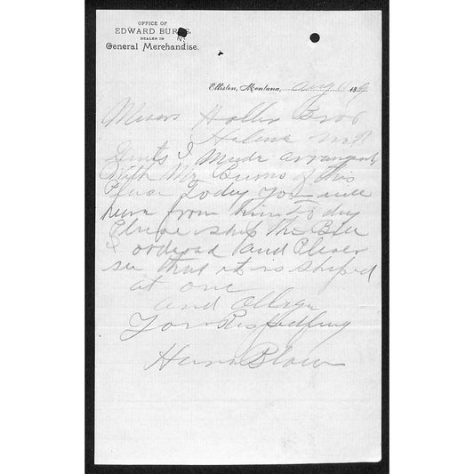 Elliston, Montana Edward Burns General Merchandise Aug 11 c1890's Billhead VGC