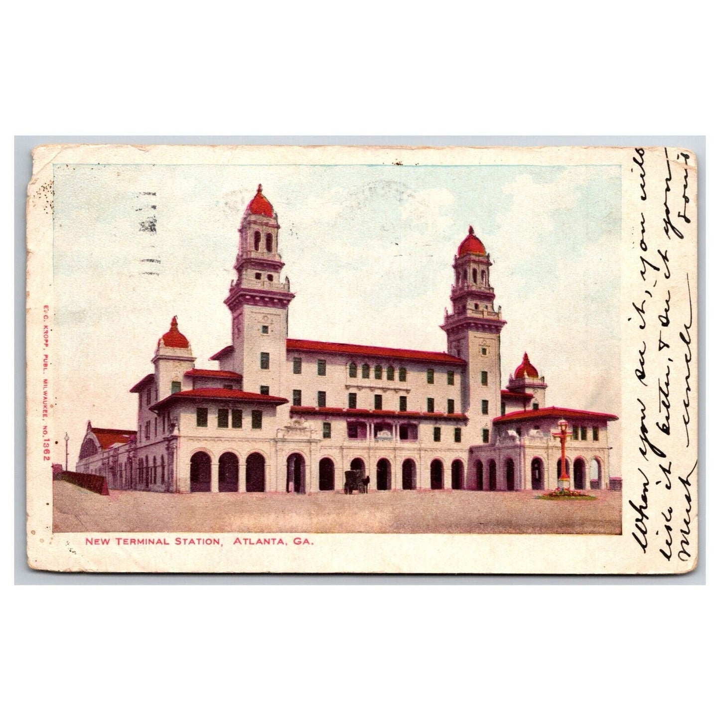 New Terminal Station Atlanta GA Railroad Postcard w/ Vicksburg, MISS PM 1906