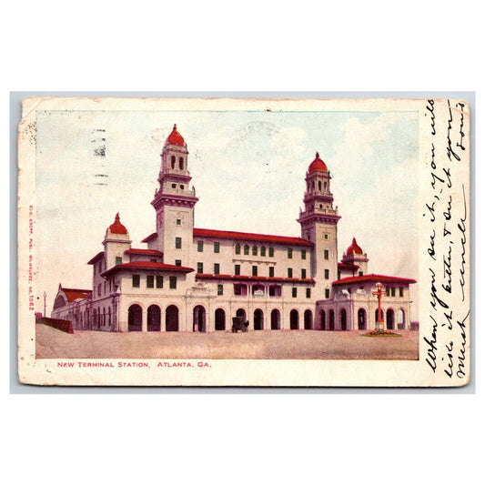 New Terminal Station Atlanta GA Railroad Postcard w/ Vicksburg, MISS PM 1906